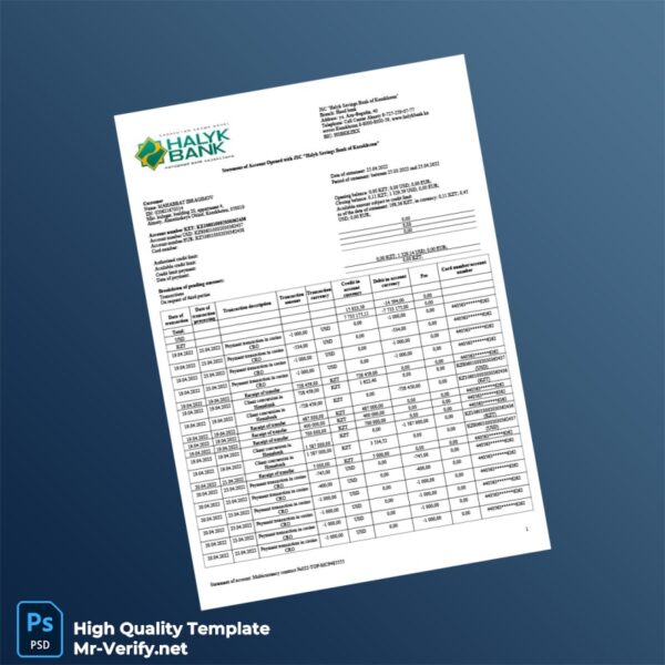 Kazakhstan Halyk Bank Statement Template in Word and PDF formats
