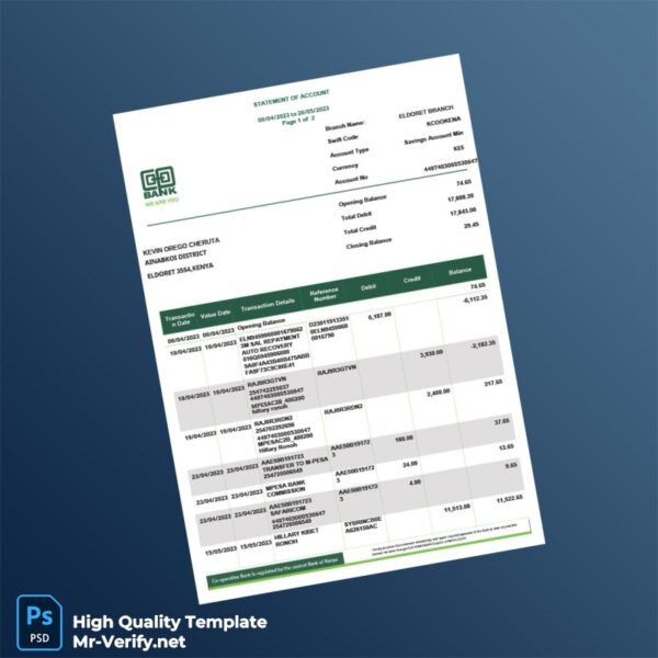 Kenya Co-operative Bank Bank Statement Template in Word and PDF formats