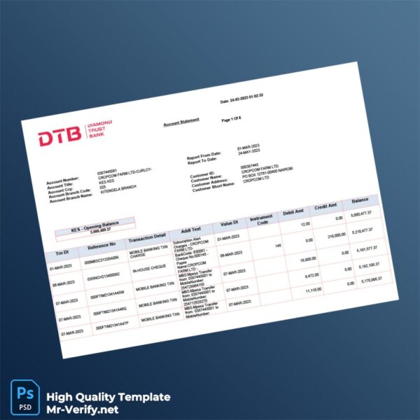 Kenya DTB Bank Statement Template in Word and PDF formats
