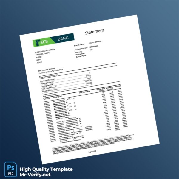 Kenya KCB Personal Account Statement Template in Word and PDF formats