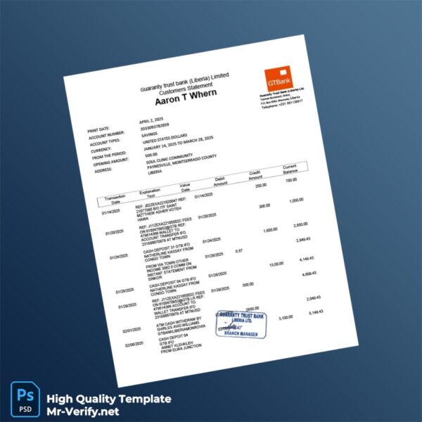 Liberia Guaranty Trust Bank Bank Statement Template in Word and PDF formats