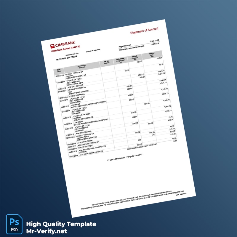 Malaysia CIMB Bank Statement Template in Word and PDF formats page 2 Malaysia CIMB Bank Statement Template in Word and PDF formats page 2