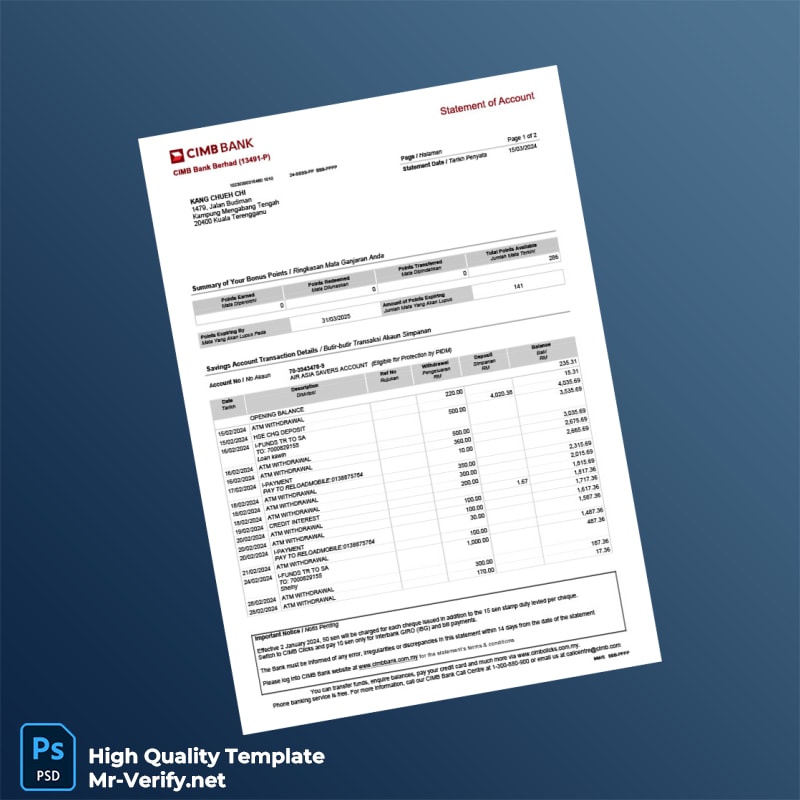 Malaysia CIMB Bank Statement Template in Word and PDF formats Malaysia CIMB Bank Statement Template in Word and PDF formats