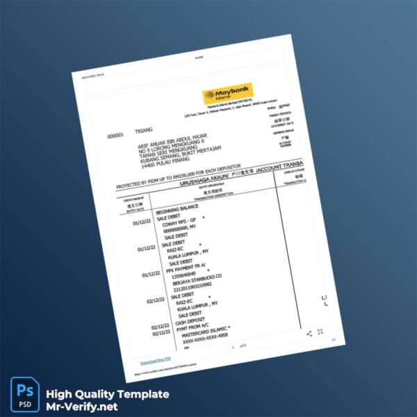 Malaysia Maybank Bank Statement Template in Word and PDF formats