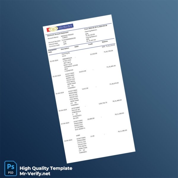 Nepal PDB Bank Statement Template in Word and PDF formats