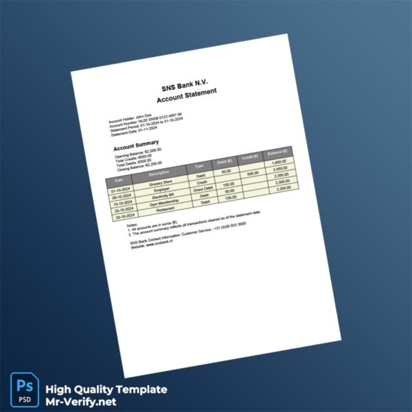 Netherlands SNS Bank Account Statement Template in Word and PDF formats