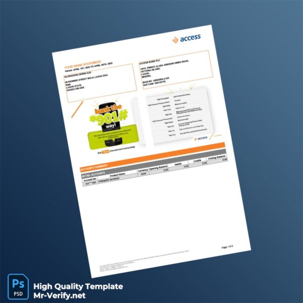 Nigeria Access Bank Premier Savings Account Statement Template in Word and PDF formats