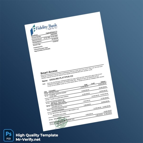 Nigeria Fidelity Bank Statement Template in Word and PDF formats