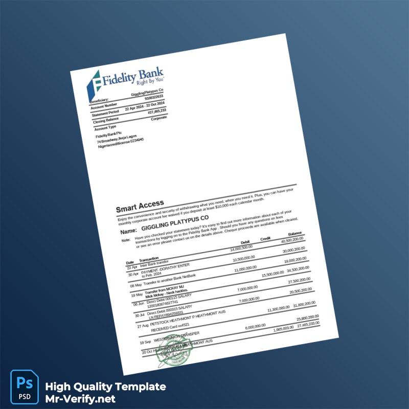 Nigeria Fidelity Bank Statement Template in Word and PDF formats Nigeria Fidelity Bank Statement Template in Word and PDF formats