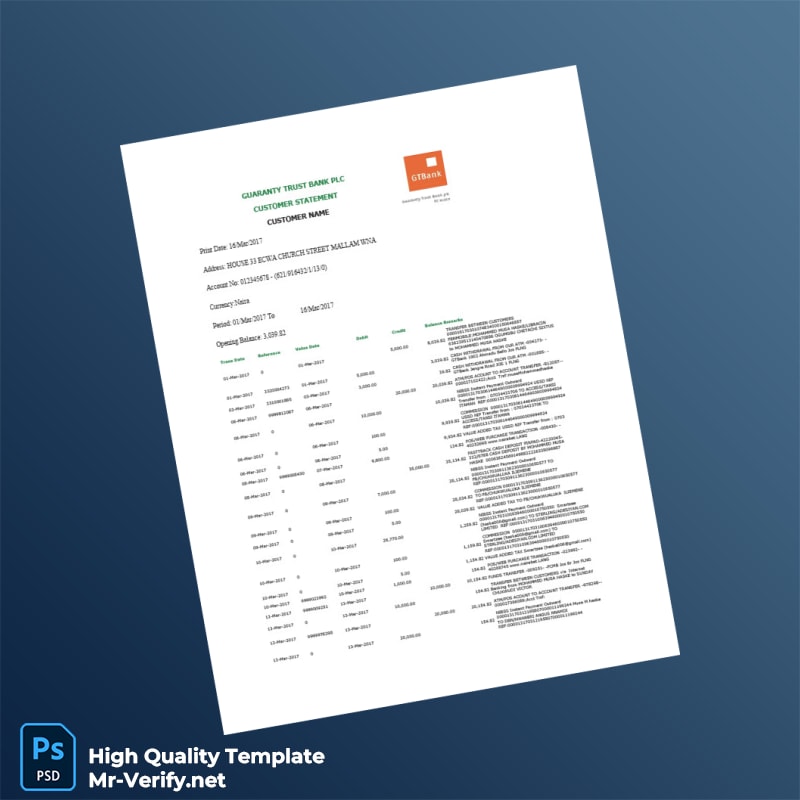 Nigeria GTBank Customer Statement Template in Word and PDF formats Nigeria GTBank Customer Statement Template in Word and PDF formats