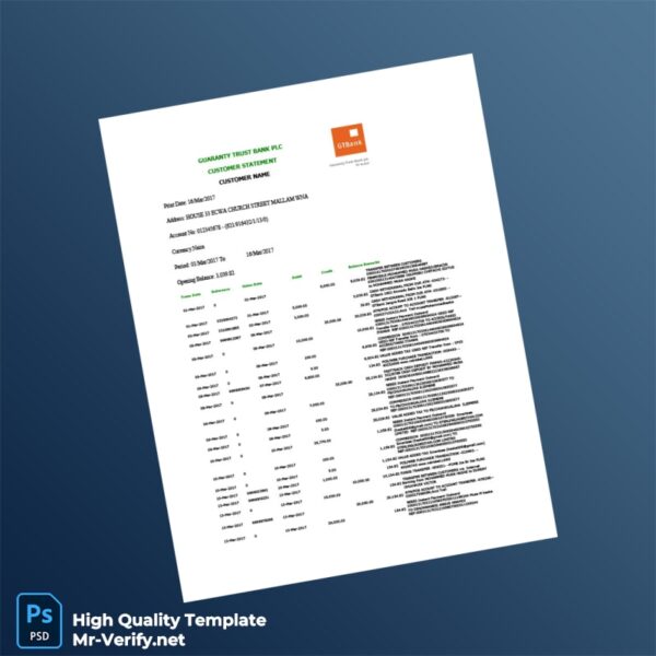 Nigeria Guaranty Trust Bank Customer Statement Template in Word and PDF formats