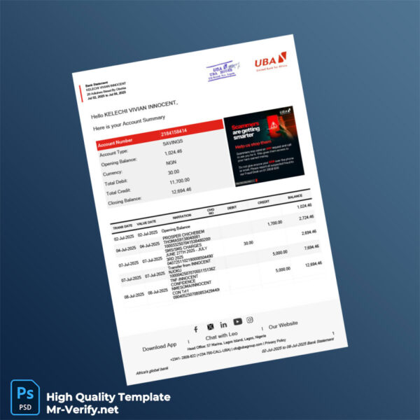 Nigeria UBA Bank Statement Template in Word and PDF formats Nigeria UBA Bank Statement Template in Word and PDF formats
