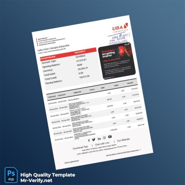 Nigeria UBA Group Bank Statement Template in Word and PDF formats Nigeria UBA Group Bank Statement Template in Word and PDF formats
