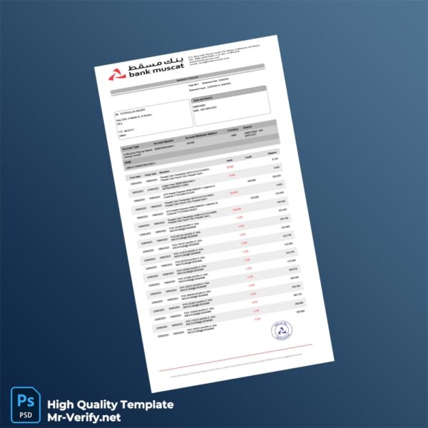 Oman Muscat Bank Statement Template in Word and PDF formats