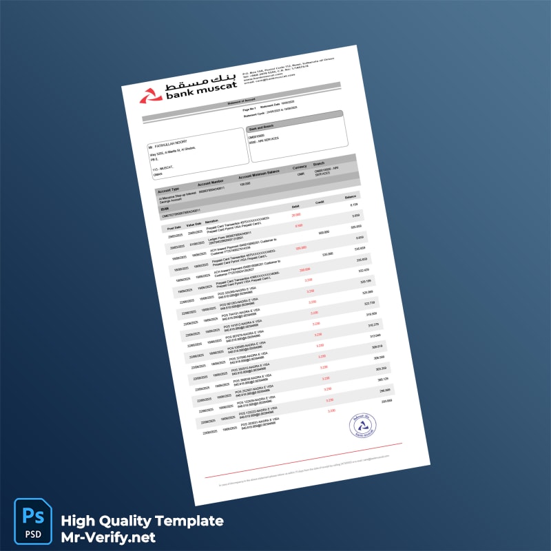 Oman Muscat Bank Statement Template in Word and PDF formats Oman Muscat Bank Statement Template in Word and PDF formats