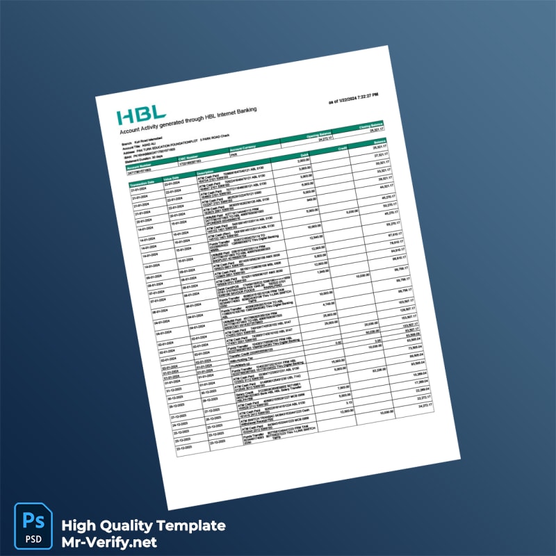 Pakistan HBL Bank Editable Account Statement Template in Word and PDF formats Pakistan HBL Bank Editable Account Statement Template in Word and PDF formats