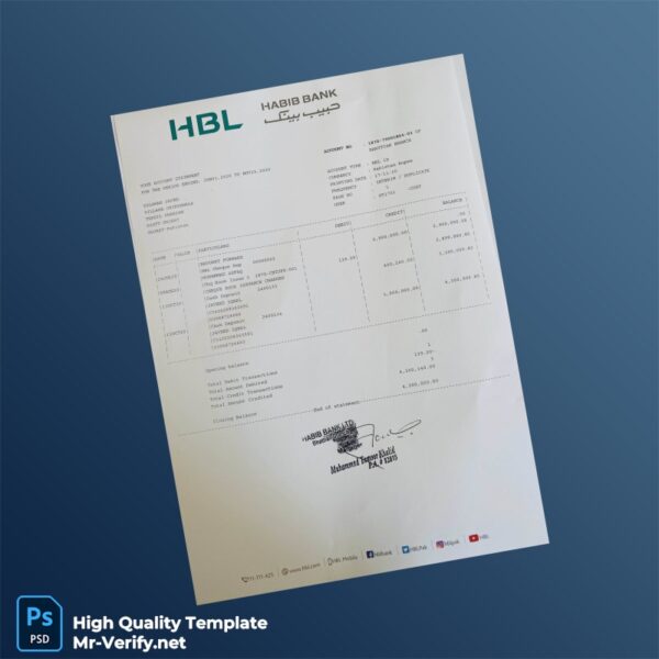 Pakistan HBL Bank Statement Template in Word and PDF formats