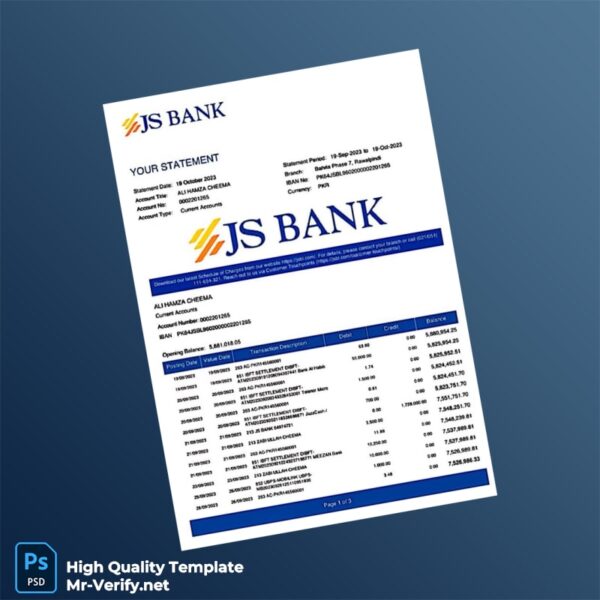 Pakistan JS Bank Bank Statement Template in Word and PDF formats