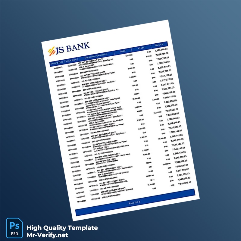 Pakistan JS Bank Bank Statement Template in Word and PDF formats page 2 Pakistan JS Bank Bank Statement Template in Word and PDF formats page 2