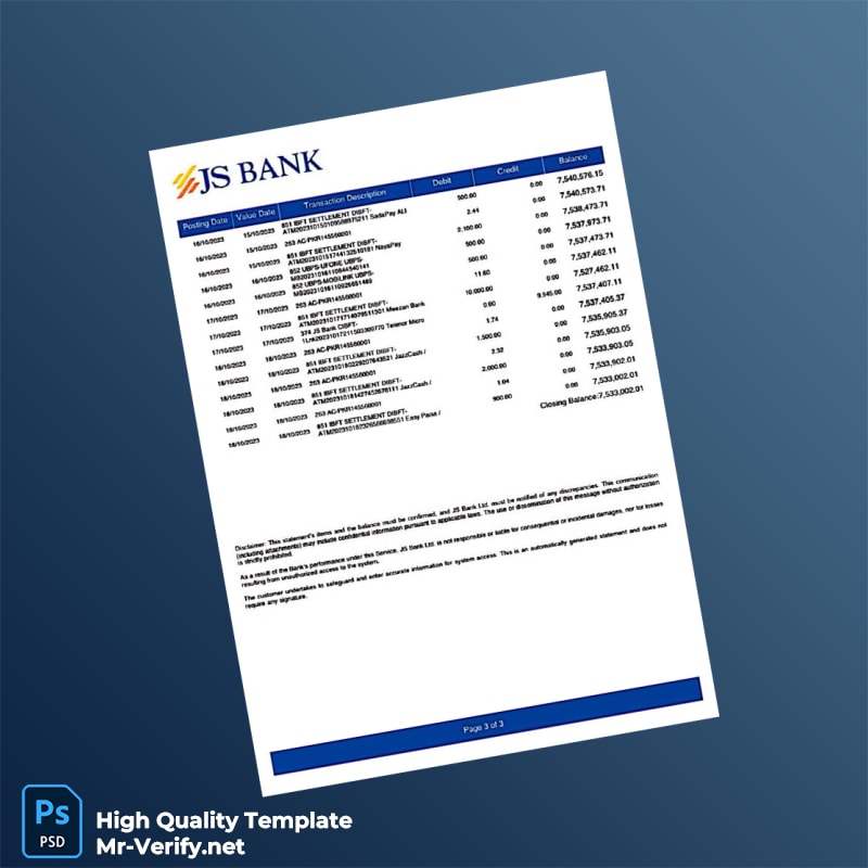 Pakistan JS Bank Bank Statement Template in Word and PDF formats page 3 Pakistan JS Bank Bank Statement Template in Word and PDF formats page 3