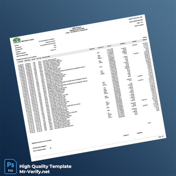 Pakistan MCB Bank Limited Bank Statement Template in Word and PDF formats Pakistan MCB Bank Limited Bank Statement Template in Word and PDF formats
