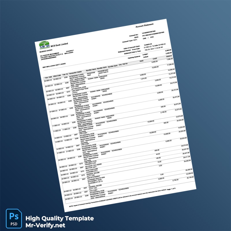 Pakistan MCB Bank Statement Template in Word and PDF formats Pakistan MCB Bank Statement Template in Word and PDF formats