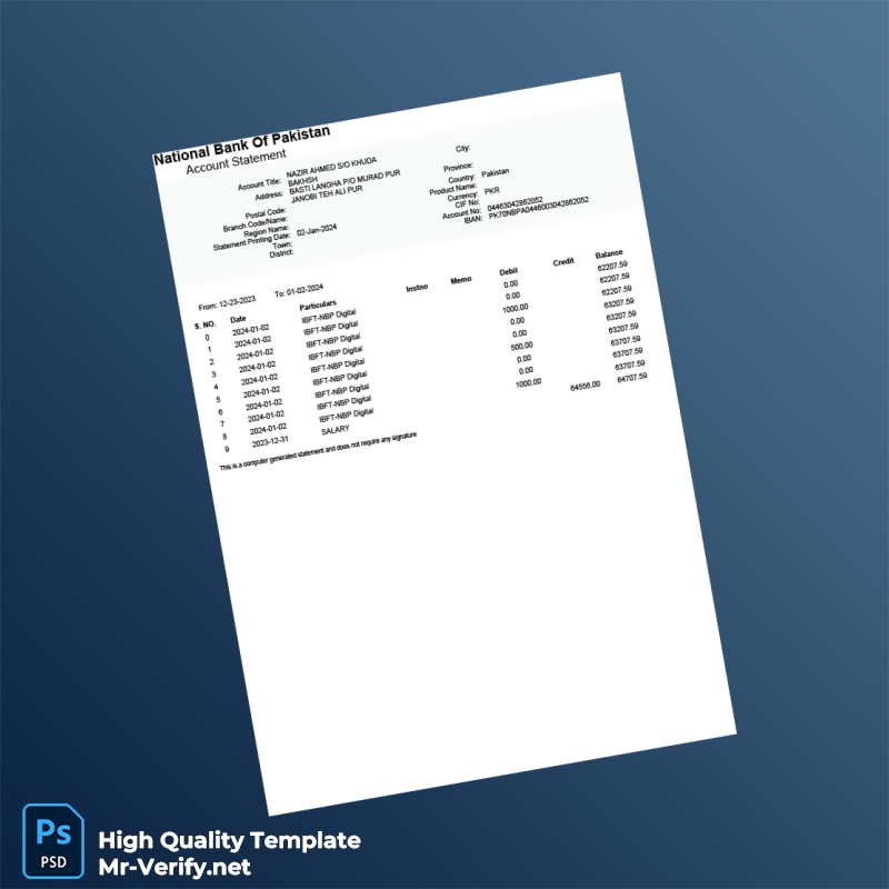 Pakistan National Bank Statement Template in Word and PDF formats Pakistan National Bank Statement Template in Word and PDF formats