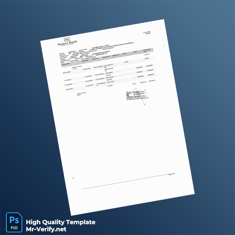 Pakistan SONER BANK Bank Statement Template in Word and PDF formats Pakistan SONER BANK Bank Statement Template in Word and PDF formats