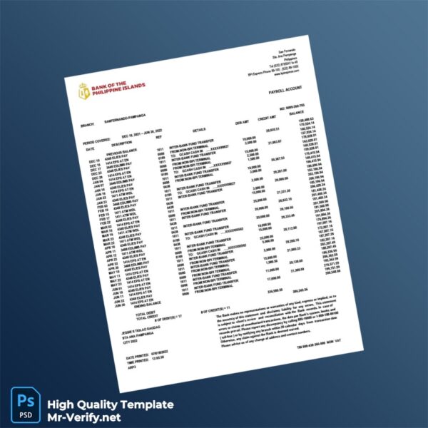 Philippines BPI Bank Statement Template in Word and PDF formats