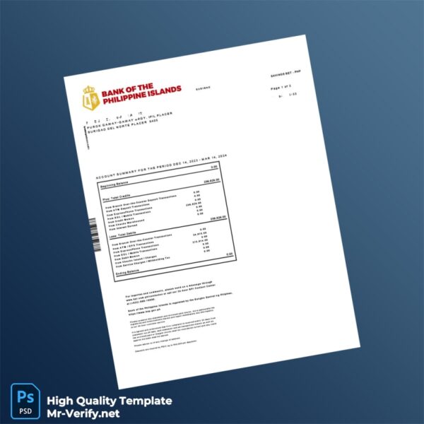 Philippines Bank Of The Philippines Islands Bank Statement Template in Word and PDF formats