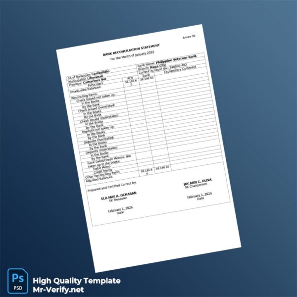 Philippines Bank Reconciliation Statement Template in Word and PDF formats