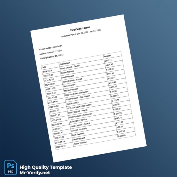 Philippines First Metro Bank Bank Statement Template in Word and PDF formats