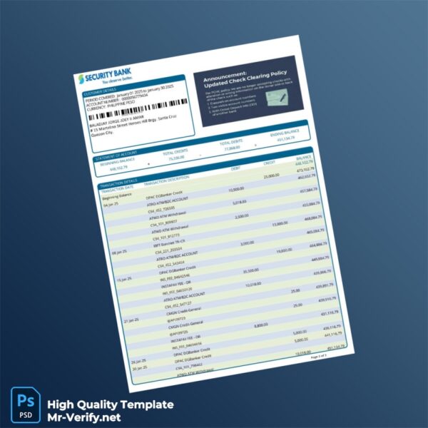 Philippines Security Bank Bank Statement Template in Word and PDF formats Philippines Security Bank Bank Statement Template in Word and PDF formats