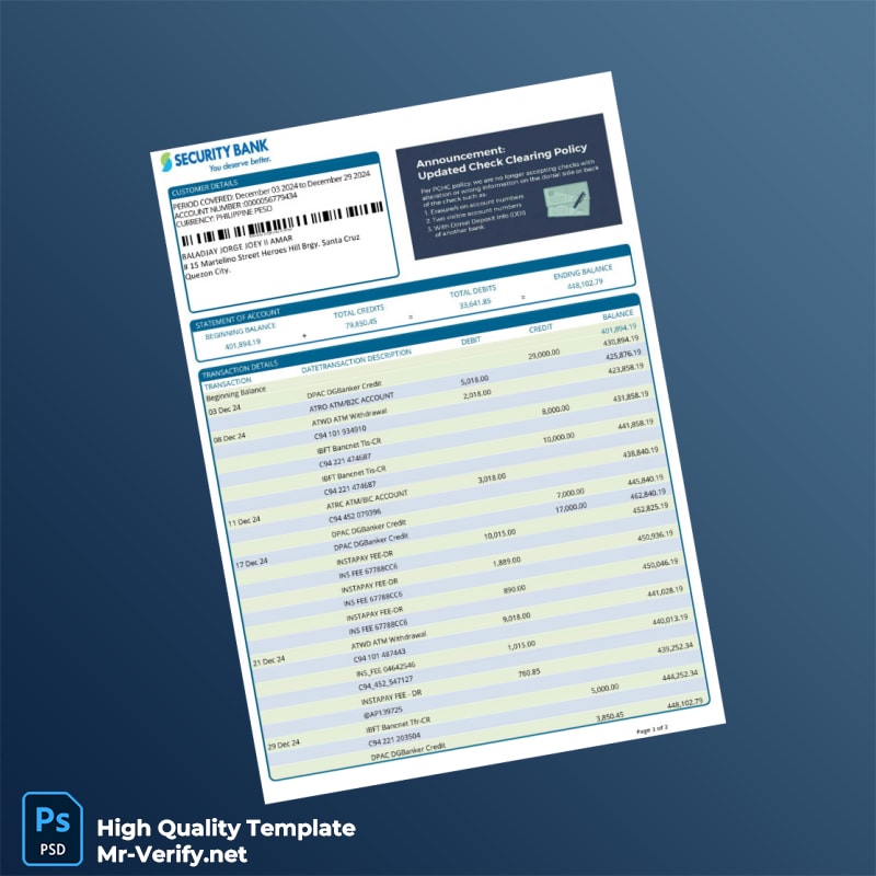 Philippines Security Bank Bank Statement Template in Word and PDF formats page 2 Philippines Security Bank Bank Statement Template in Word and PDF formats page 2