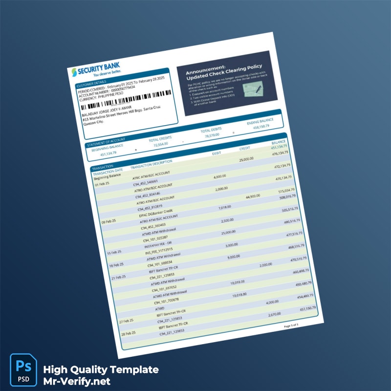 Philippines Security Bank Bank Statement Template in Word and PDF formats page 4 Philippines Security Bank Bank Statement Template in Word and PDF formats page 4