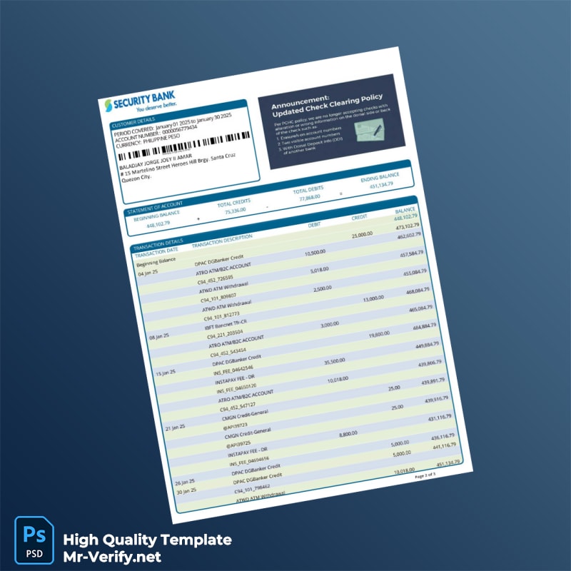 Philippines Security Bank Bank Statement Template in Word and PDF formats Philippines Security Bank Bank Statement Template in Word and PDF formats