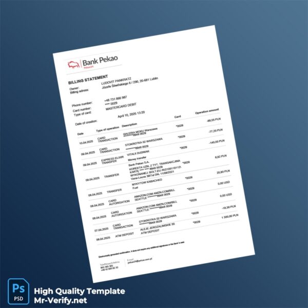 Poland Pekao S A Bank Statement Template in Word and PDF formats