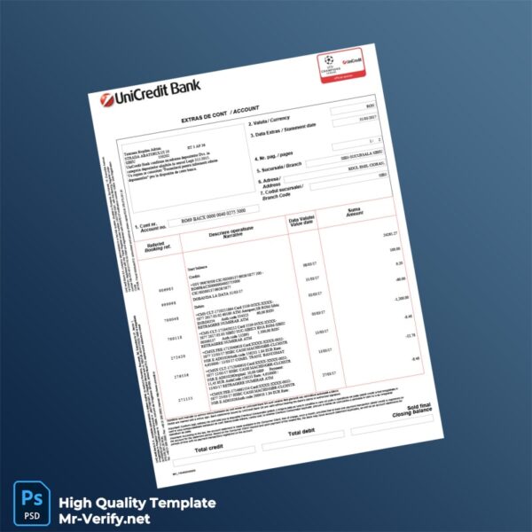 Romania UniCredit Bank Account Statement Template in Word and PDF formats