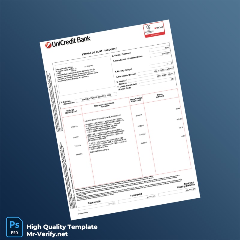 Romania UniCredit Bank Account Statement Template in Word and PDF formats page 2 Romania UniCredit Bank Account Statement Template in Word and PDF formats page 2