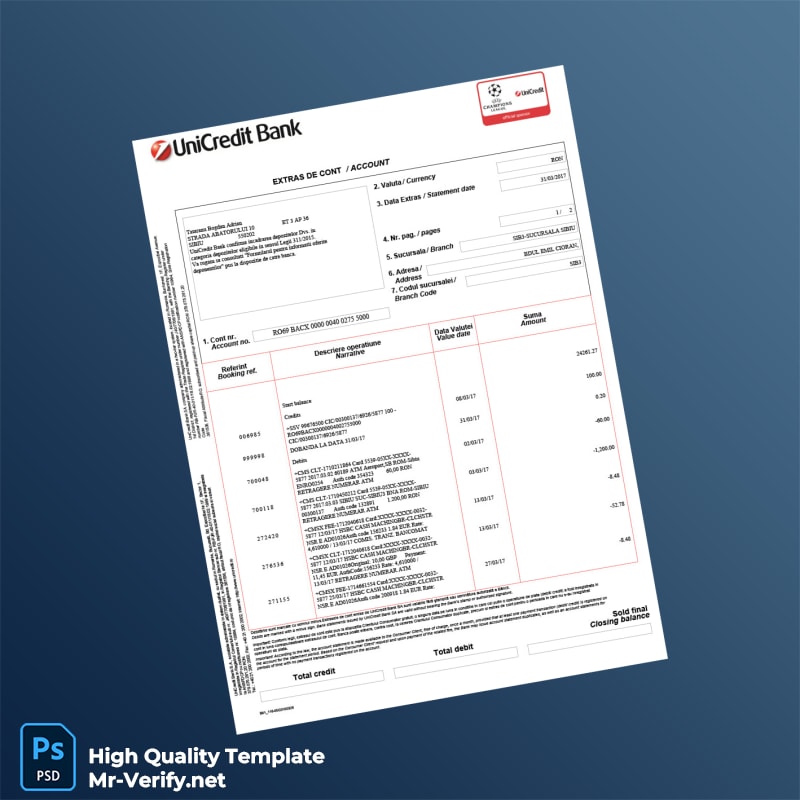 Romania UniCredit Bank Account Statement Template in Word and PDF formats Romania UniCredit Bank Account Statement Template in Word and PDF formats