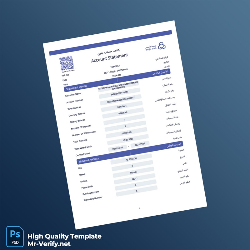 Saudi Arabia Al Rajhi Bank Account Statement Template in Word and PDF formats Saudi Arabia Al Rajhi Bank Account Statement Template in Word and PDF formats