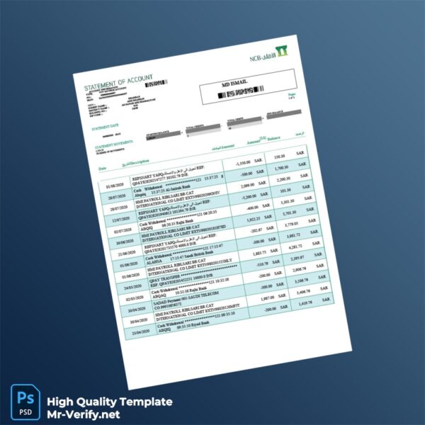 Saudi Arabia NCB Bank Statement Template in Word and PDF formats