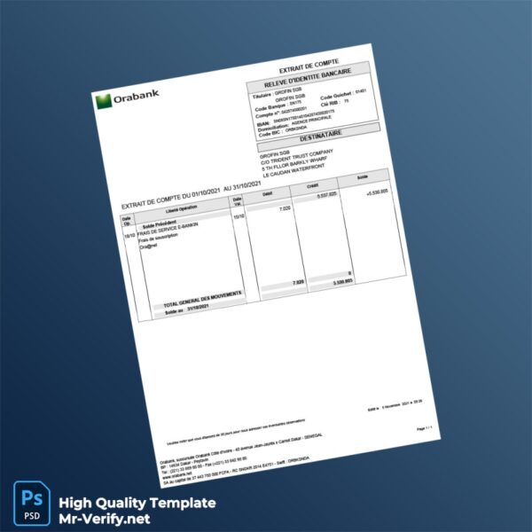 Senegal Orabank Bank Statement Template in Word and PDF formats Senegal Orabank Bank Statement Template in Word and PDF formats