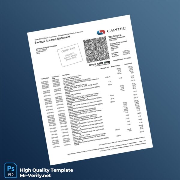 South Africa Capitec Bank Savings Statement Template in Word and PDF formats