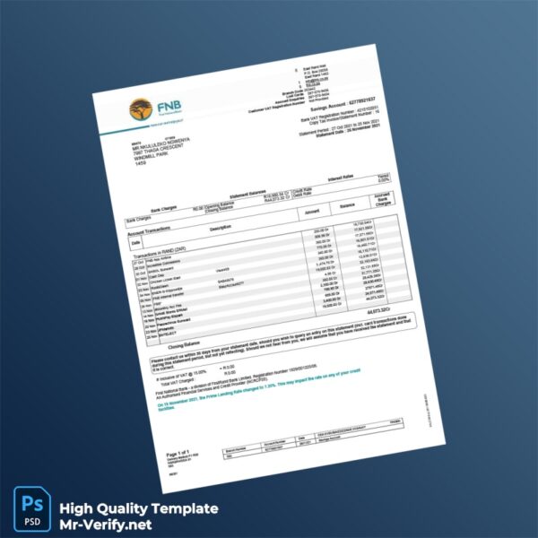 South Africa First National Bank Bank Statement Template in Word and PDF formats