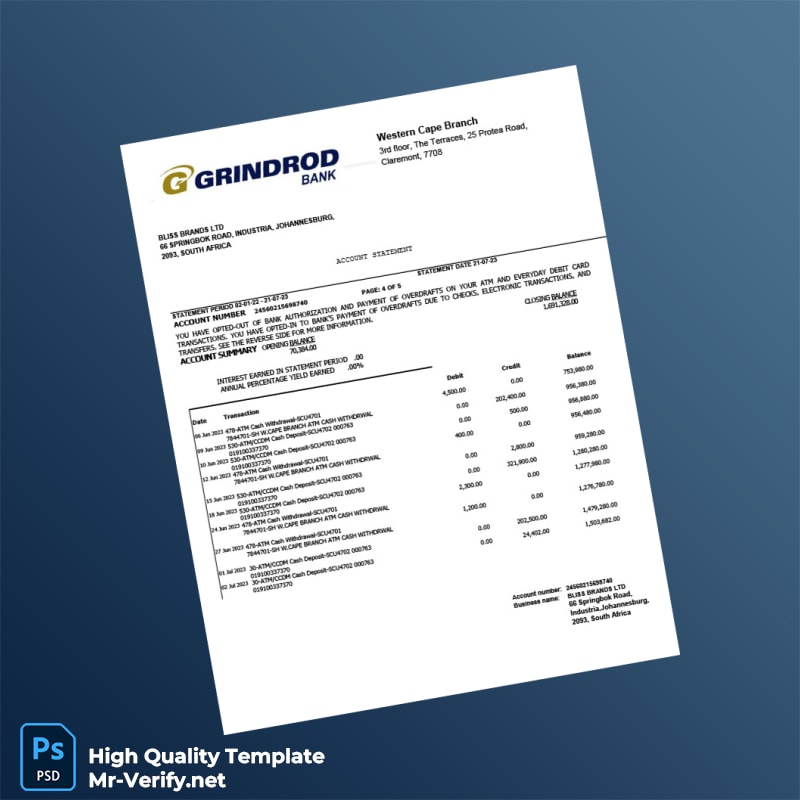 South Africa Grindrod Bank Statement Template in Word and PDF formats page 4 South Africa Grindrod Bank Statement Template in Word and PDF formats page 4