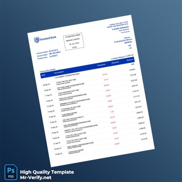 South Africa Standard Bank Statement Template in Word and PDF formats
