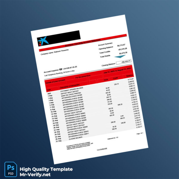 Spain CAIXABANK Company Bank Statement Template in Word and PDF formats
