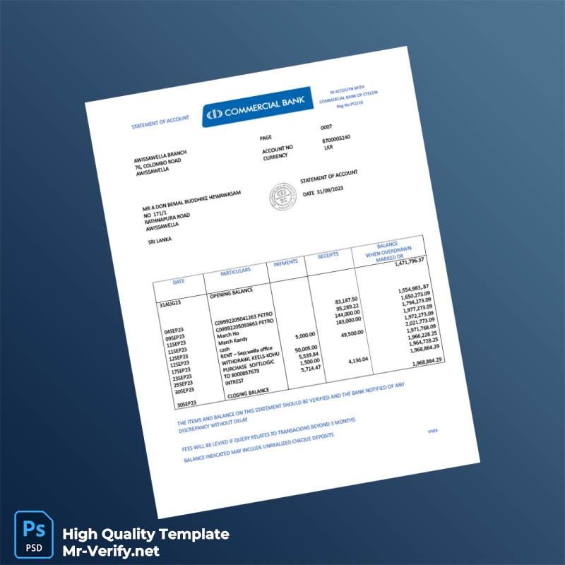 Sri Lanka Commercial Bank Statement Template in Word and PDF formats Sri Lanka Commercial Bank Statement Template in Word and PDF formats
