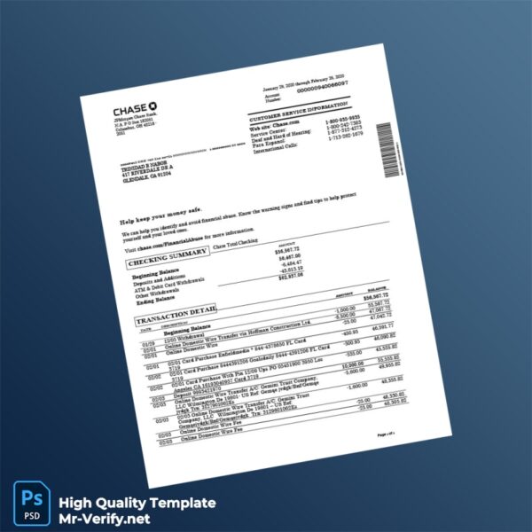Trinidad Chase Bank Statement Template in Word and PDF formats